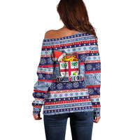 Custom Fiji Christmas Off Shoulder Sweater Fijian Santa and Coat of Arms Mix Tapa Pattern Striped Style LT03 - Polynesian Pride