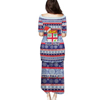 Custom Fiji Christmas Puletasi Fijian Santa and Coat of Arms Mix Tapa Pattern Striped Style LT03 - Polynesian Pride
