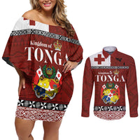 Tongan Culture Couples Matching Off Shoulder Short Dress and Long Sleeve Button Shirt Ngatu Art Tattoo and Emblem of Tonga LT03 Red - Polynesian Pride