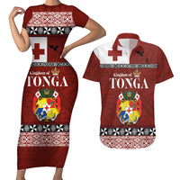 Tongan Culture Couples Matching Short Sleeve Bodycon Dress and Hawaiian Shirt Ngatu Art Tattoo and Emblem of Tonga LT03 Red - Polynesian Pride