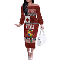 Tongan Christmas Family Matching Off The Shoulder Long Sleeve Dress and Hawaiian Shirt Kilisimasi Fiefia with Ngatu Art Tattoo LT03 Mom's Dress Red - Polynesian Pride