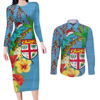 Fijians Iguana Tagimoucia Christmas Couples Matching Long Sleeve Bodycon Dress and Long Sleeve Button Shirt Christmas Palm Tree and Hibiscus LT03 Blue - Polynesian Pride