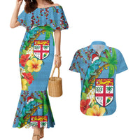 Fijians Iguana Tagimoucia Christmas Couples Matching Mermaid Dress and Hawaiian Shirt Christmas Palm Tree and Hibiscus LT03 Blue - Polynesian Pride