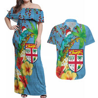 Fijians Iguana Tagimoucia Christmas Couples Matching Off Shoulder Maxi Dress and Hawaiian Shirt Christmas Palm Tree and Hibiscus LT03 Blue - Polynesian Pride
