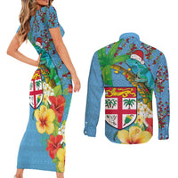 Fijians Iguana Tagimoucia Christmas Couples Matching Short Sleeve Bodycon Dress and Long Sleeve Button Shirt Christmas Palm Tree and Hibiscus LT03 - Polynesian Pride