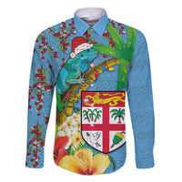 Fijians Iguana Tagimoucia Christmas Family Matching Off The Shoulder Long Sleeve Dress and Hawaiian Shirt Christmas Palm Tree and Hibiscus LT03 Dad's Shirt - Long Sleeve Blue - Polynesian Pride