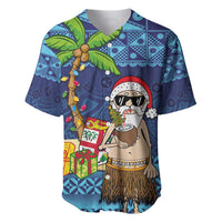 The Funny Santa Wears Sulu Christmas Baseball Jersey Fijian Christmas Palm Tree With Masi Art Tattoo LT03 Blue - Polynesian Pride