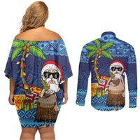 The Funny Santa Wears Sulu Christmas Couples Matching Off Shoulder Short Dress and Long Sleeve Button Shirt Fijian Christmas Palm Tree With Masi Art Tattoo LT03 - Polynesian Pride
