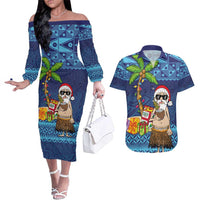 The Funny Santa Wears Sulu Christmas Couples Matching Off The Shoulder Long Sleeve Dress and Hawaiian Shirt Fijian Christmas Palm Tree With Masi Art Tattoo LT03 Blue - Polynesian Pride