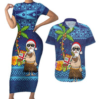 The Funny Santa Wears Sulu Christmas Couples Matching Short Sleeve Bodycon Dress and Hawaiian Shirt Fijian Christmas Palm Tree With Masi Art Tattoo LT03 Blue - Polynesian Pride