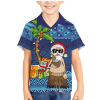 The Funny Santa Wears Sulu Christmas Family Matching Mermaid Dress and Hawaiian Shirt Fijian Christmas Palm Tree With Masi Art Tattoo LT03 Son's Shirt Blue - Polynesian Pride
