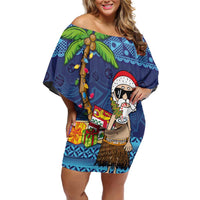 The Funny Santa Wears Sulu Christmas Family Matching Off Shoulder Short Dress and Hawaiian Shirt Fijian Christmas Palm Tree With Masi Art Tattoo LT03 Mom's Dress Blue - Polynesian Pride