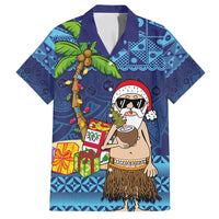The Funny Santa Wears Sulu Christmas Family Matching Puletasi and Hawaiian Shirt Fijian Christmas Palm Tree With Masi Art Tattoo LT03 Dad's Shirt - Short Sleeve Blue - Polynesian Pride