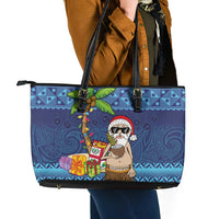 The Funny Santa Wears Sulu Christmas Leather Tote Bag Fijian Christmas Palm Tree With Masi Art Tattoo LT03 - Polynesian Pride