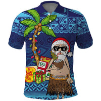 The Funny Santa Wears Sulu Christmas Polo Shirt Fijian Christmas Palm Tree With Masi Art Tattoo LT03 Blue - Polynesian Pride