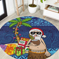 The Funny Santa Wears Sulu Christmas Round Carpet Fijian Christmas Palm Tree With Masi Art Tattoo LT03 Blue - Polynesian Pride