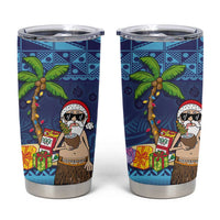 The Funny Santa Wears Sulu Christmas Tumbler Cup Fijian Christmas Palm Tree With Masi Art Tattoo LT03 Blue - Polynesian Pride