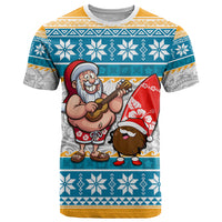 Custom Hawaii Mele Kalikimaka T Shirt Funny Santa and Coconut Mix Kakau Pattern LT03 Blue - Polynesian Pride