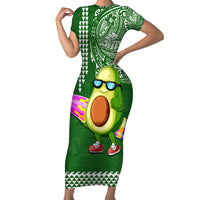 Hawaii Short Sleeve Bodycon Dress Aloha Funny Avocado Mix Kakau Hawaiian Tribal LT03 Long Dress Green - Polynesian Pride