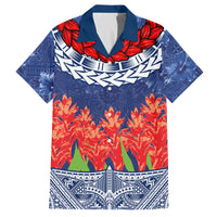 Samoan Tapa Family Matching Off Shoulder Maxi Dress and Hawaiian Shirt Ula Fala and Teuila Flower LT03 Dad's Shirt - Short Sleeve Blue - Polynesian Pride