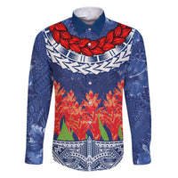 Samoan Tapa Family Matching Puletasi and Hawaiian Shirt Ula Fala and Teuila Flower LT03 Dad's Shirt - Long Sleeve Blue - Polynesian Pride