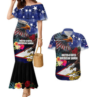 Personalised United States and American Samoa Couples Matching Mermaid Dress and Hawaiian Shirt Bald Eagle Rose and Hibiscus Flower LT03 Blue - Polynesian Pride