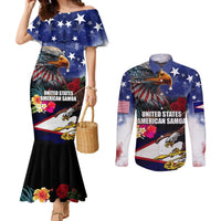 Personalised United States and American Samoa Couples Matching Mermaid Dress and Long Sleeve Button Shirt Bald Eagle Rose and Hibiscus Flower LT03 Blue - Polynesian Pride