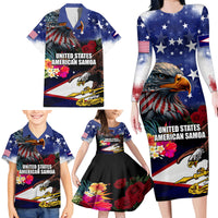 Personalised United States and American Samoa Family Matching Long Sleeve Bodycon Dress and Hawaiian Shirt Bald Eagle Rose and Hibiscus Flower LT03 - Polynesian Pride
