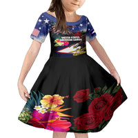 Personalised United States and American Samoa Family Matching Off Shoulder Maxi Dress and Hawaiian Shirt Bald Eagle Rose and Hibiscus Flower LT03 Daughter's Dress Blue - Polynesian Pride