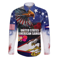Personalised United States and American Samoa Family Matching Off Shoulder Maxi Dress and Hawaiian Shirt Bald Eagle Rose and Hibiscus Flower LT03 Dad's Shirt - Long Sleeve Blue - Polynesian Pride