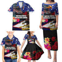 Personalised United States and American Samoa Family Matching Puletasi and Hawaiian Shirt Bald Eagle Rose and Hibiscus Flower LT03 - Polynesian Pride