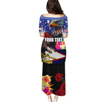 Personalised United States and American Samoa Family Matching Puletasi and Hawaiian Shirt Bald Eagle Rose and Hibiscus Flower LT03 - Polynesian Pride