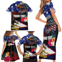 Personalised United States and American Samoa Family Matching Short Sleeve Bodycon Dress and Hawaiian Shirt Bald Eagle Rose and Hibiscus Flower LT03 - Polynesian Pride