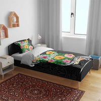 Hawaii Aloha Tropical Leaves and Flower Bedding Set with Polynesian Art Tattoo Black Color - Polynesian Pride