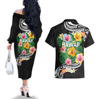 Hawaii Aloha Tropical Leaves and Flower Couples Matching Off The Shoulder Long Sleeve Dress and Hawaiian Shirt with Polynesian Art Tattoo Black Color LT03 - Polynesian Pride