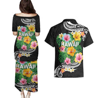 Hawaii Aloha Tropical Leaves and Flower Couples Matching Puletasi and Hawaiian Shirt with Polynesian Art Tattoo Black Color - Polynesian Pride