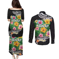 Hawaii Aloha Tropical Leaves and Flower Couples Matching Puletasi and Long Sleeve Button Shirt with Polynesian Art Tattoo Black Color - Polynesian Pride