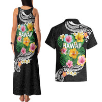 Hawaii Aloha Tropical Leaves and Flower Couples Matching Tank Maxi Dress and Hawaiian Shirt with Polynesian Art Tattoo Black Color LT03 - Polynesian Pride