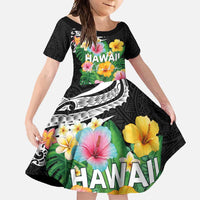 Hawaii Aloha Tropical Leaves and Flower Family Matching Long Sleeve Bodycon Dress and Hawaiian Shirt with Polynesian Art Tattoo Black Color LT03 Daughter's Dress Black - Polynesian Pride