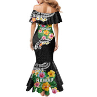 Hawaii Aloha Tropical Leaves and Flower Family Matching Mermaid Dress and Hawaiian Shirt with Polynesian Art Tattoo Black Color LT03 - Polynesian Pride
