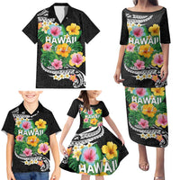 Hawaii Aloha Tropical Leaves and Flower Family Matching Puletasi and Hawaiian Shirt with Polynesian Art Tattoo Black Color - Polynesian Pride
