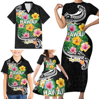 Hawaii Aloha Tropical Leaves and Flower Family Matching Short Sleeve Bodycon Dress and Hawaiian Shirt with Polynesian Art Tattoo Black Color LT03 - Polynesian Pride