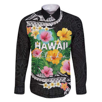 Hawaii Aloha Tropical Leaves and Flower Family Matching Short Sleeve Bodycon Dress and Hawaiian Shirt with Polynesian Art Tattoo Black Color LT03 Dad's Shirt - Long Sleeve Black - Polynesian Pride