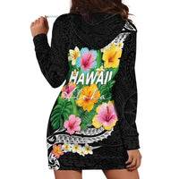 Hawaii Aloha Tropical Leaves and Flower Hoodie Dress with Polynesian Art Tattoo Black Color LT03 - Polynesian Pride