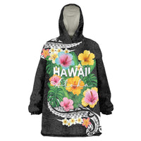 Hawaii Aloha Tropical Leaves and Flower Wearable Blanket Hoodie with Polynesian Art Tattoo Black Color LT03 One Size Black - Polynesian Pride