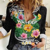 Hawaii Aloha Tropical Leaves and Flower Women Casual Shirt with Polynesian Art Tattoo Black Color LT03 Female Black - Polynesian Pride