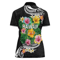 Hawaii Aloha Tropical Leaves and Flower Women Polo Shirt with Polynesian Art Tattoo Black Color LT03 - Polynesian Pride