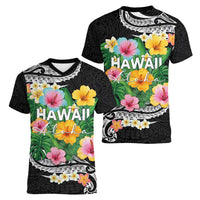 Hawaii Aloha Tropical Leaves and Flower Women V-Neck T-Shirt with Polynesian Art Tattoo Black Color LT03 - Polynesian Pride