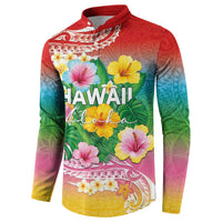 Hawaii Aloha Tropical Leaves and Flower Button Sweatshirt with Polynesian Art Tattoo Rainbow Color LT03 - Polynesian Pride
