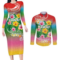 Hawaii Aloha Tropical Leaves and Flower Couples Matching Long Sleeve Bodycon Dress and Long Sleeve Button Shirt with Polynesian Art Tattoo Rainbow Color LT03 Rainbow - Polynesian Pride